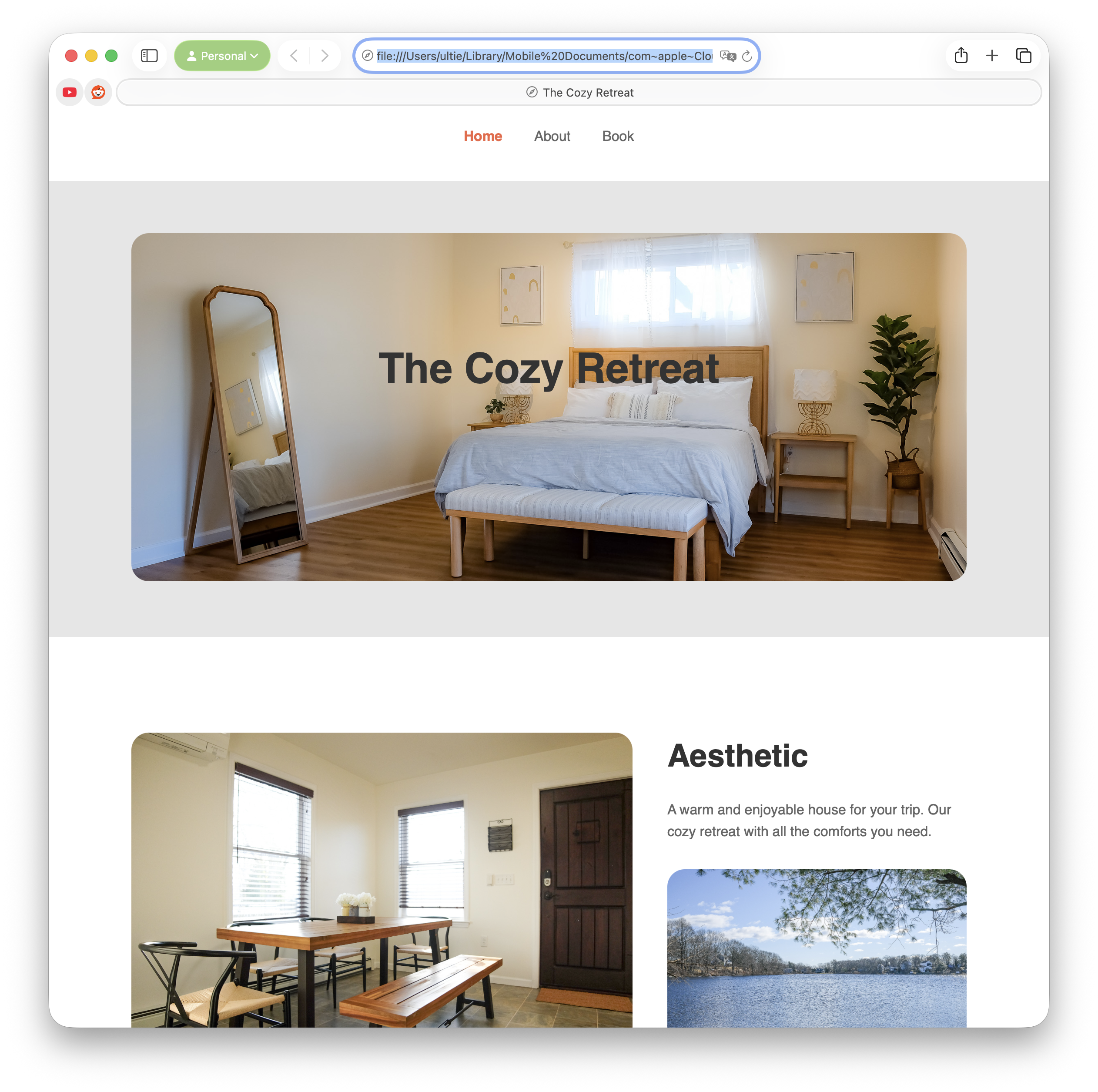 2B Rental — hero with 'The Cozy Retreat' headline