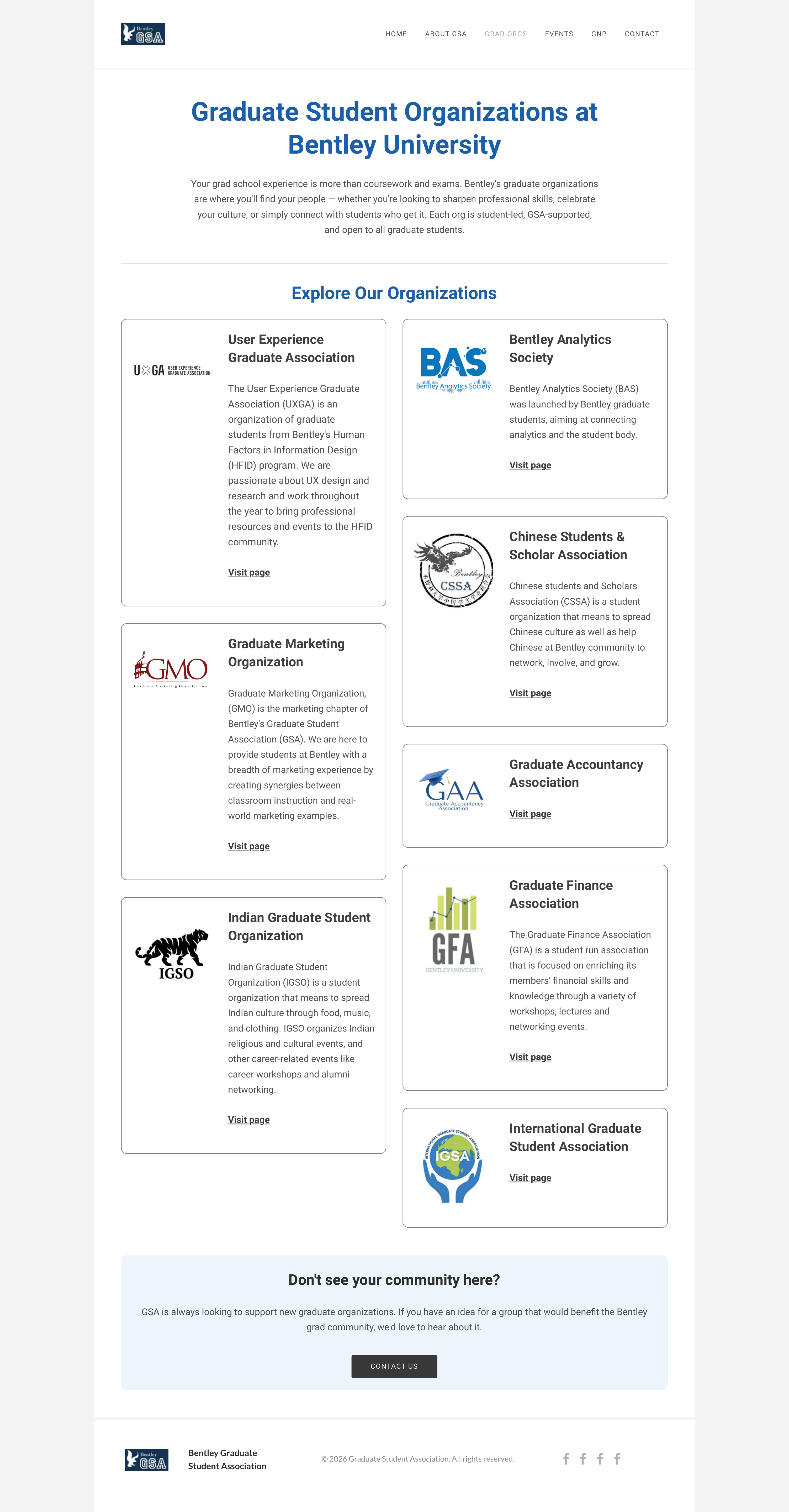 Redesigned Grad Orgs page — two-column card grid with Visit page links