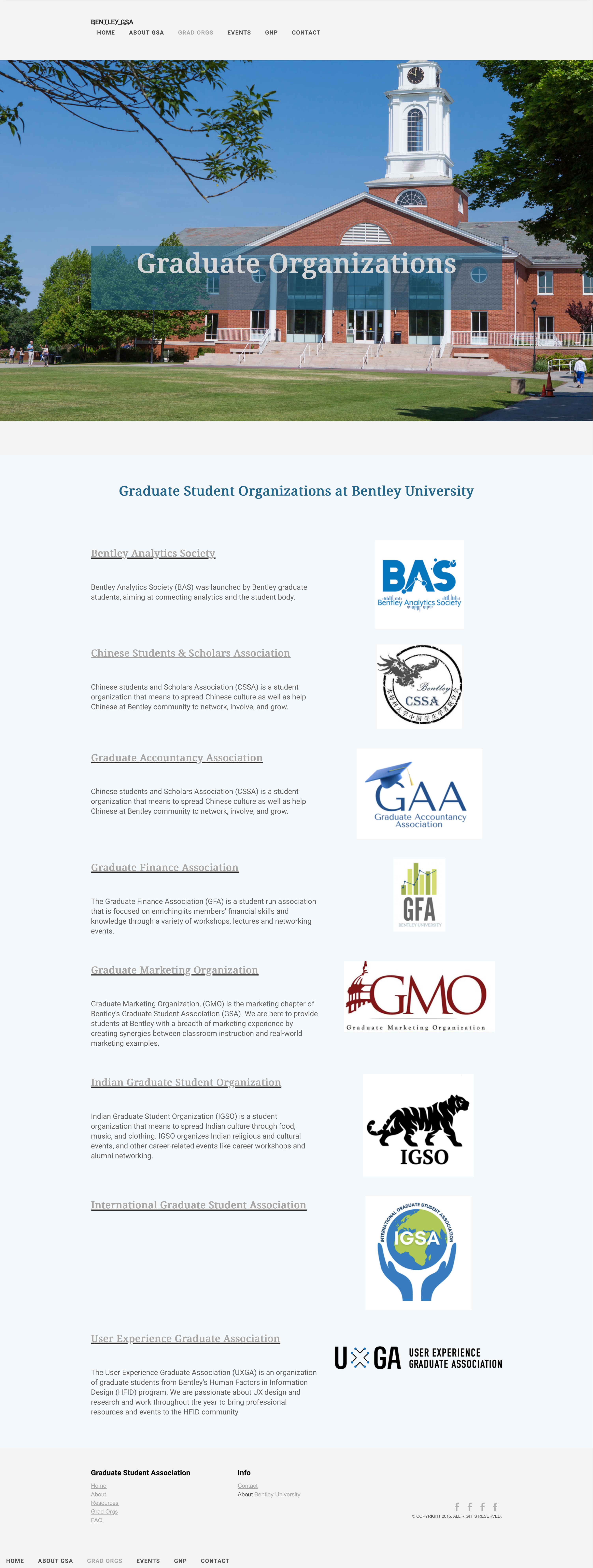 Original Grad Orgs page — long single-column text list